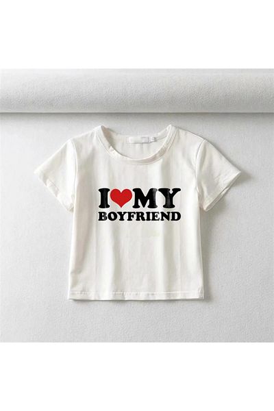 Touz Moda I Love My Boyfriend Printed White Crop