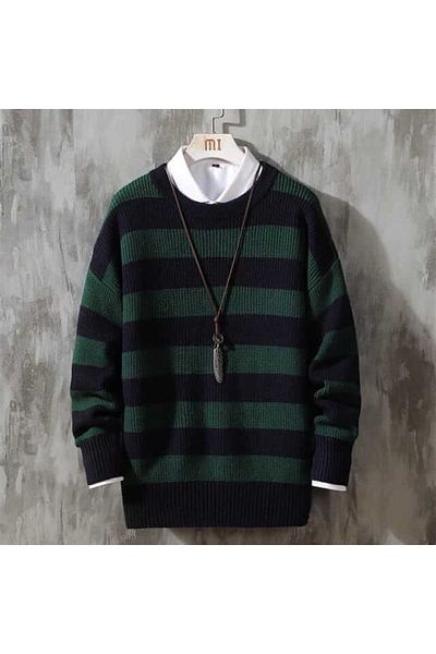 Touz Moda Touz Green Black Striped Unisex Oversize Streetwear Sweater - 23515