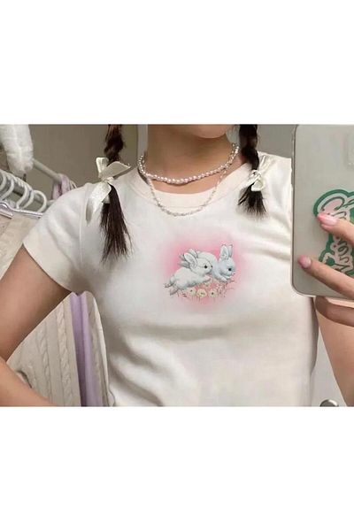 Touz Moda Rabbits Heart Printed White Crop