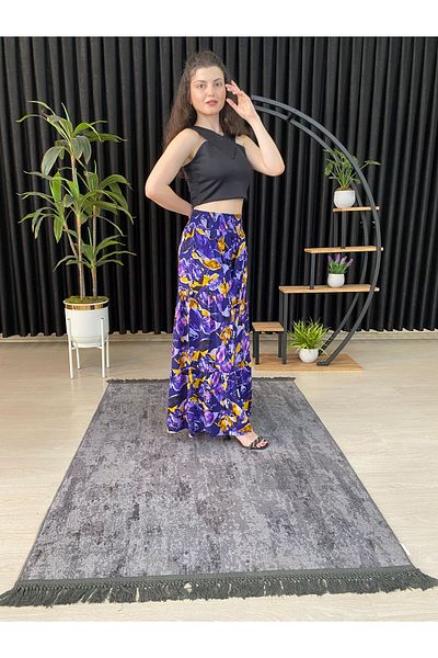 ESPOİRPLUS Purple Floral Pattern - Lycra and Gathered Women's Woven Trouser Skirt