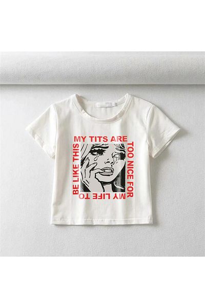 Touz Moda Crying Girl Printed White Crop
