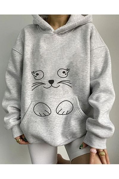 NEW MODA LUNAVISITA Φούτερ με κουκούλα με στάμπα χαριτωμένη γάτα