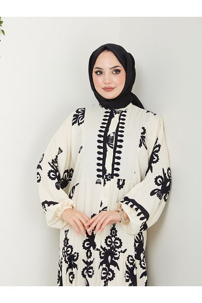 MODAMERSİ Ecru Viscose Patterned Women's Dress