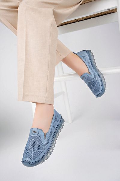 Deripabuc Genuine Leather Denim Blue Women's Leather Ballerinas Dp75-0701