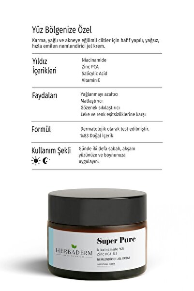 Herbaderm Super Pure Sivilce Karşıtı Niacinamide + Zinc Pca Nemlendirici Jel Krem