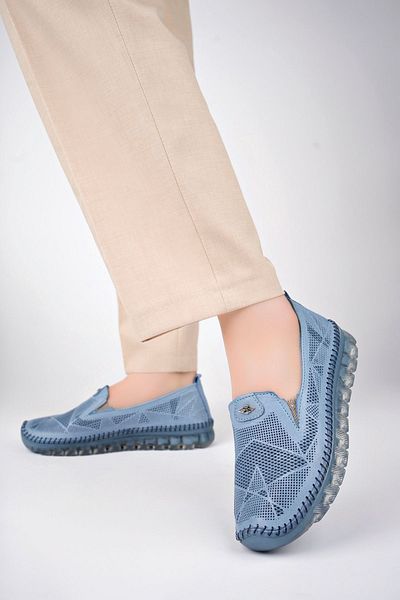 Deripabuc Genuine Leather Denim Blue Women's Leather Ballerinas Dp75-0701