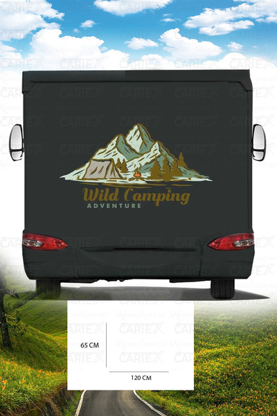 HMNL Karavan Kamp Baskı Sticker - Kamp Çadırı Sticker - Ateş Sticker - Dağ Ve Ağaç Sticker - 120x65 Cm