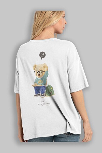 Ankhises Teddy Bear "Just Stay Curious" bela oversize majica sa printom na le...