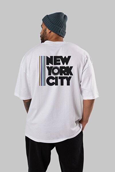 Ankhises Njujorkski stil leđa Štampano bela Oversize kroj T-shirt unisex mušk...