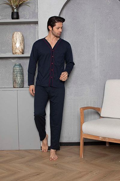 Huq Moda Σετ ανδρικών πιτζάμες Navy Blue Moon - 100% βαμβακερό ζακάρ μακρυμάνικο μονό ζέρσεϊ