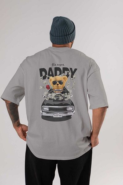 Ankhises Teddy Bear Daddy πίσω μπλουζάκι με στάμπα γκρι υπερμεγέθη Unisex ανδρικό γυναικείο λαιμόκοψη