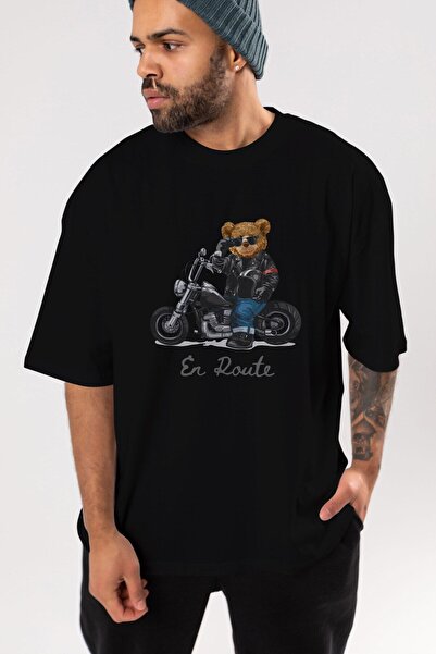 Ankhises Teddy Bear En Route Tricou negru supradimensionat cu imprimeu în faț...