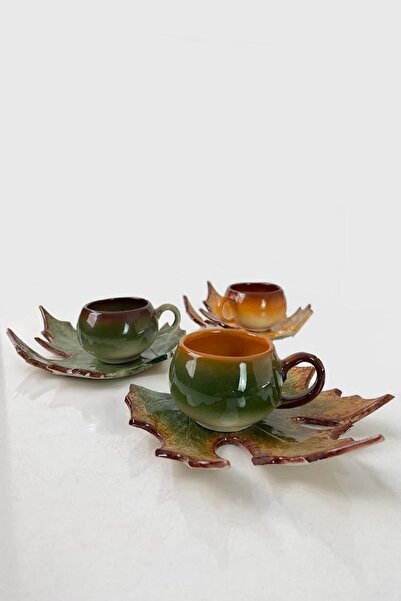 Artistic Quality طقم فناجين شاي وقهوة مزخرف بأوراق الشجر باللونين الأخضر والق...