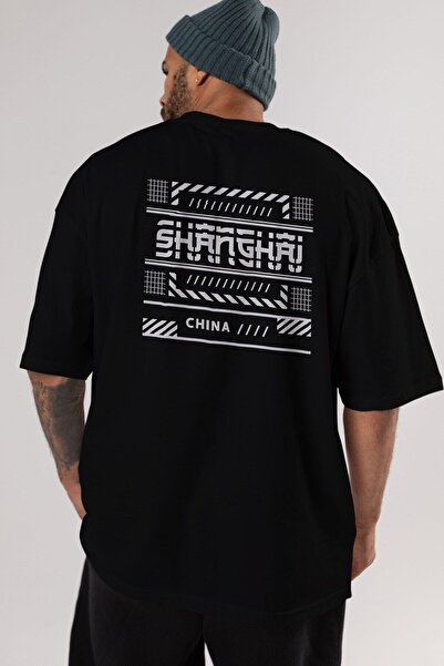 Ankhises Tricou negru oversize imprimat pe spate Shanghai, unisex, pentru bărbați, pentru femei, cu gât crepus