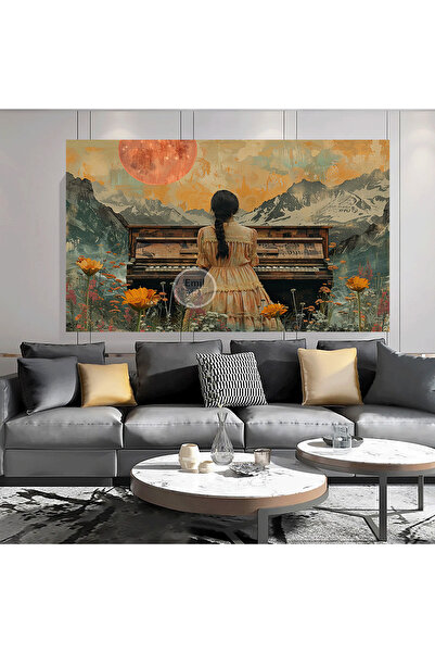 EMİLART Modern Kolaj Tarz Doğa Manzaralı Piyano Çalan Kadın Müzik Aletleri Ev...