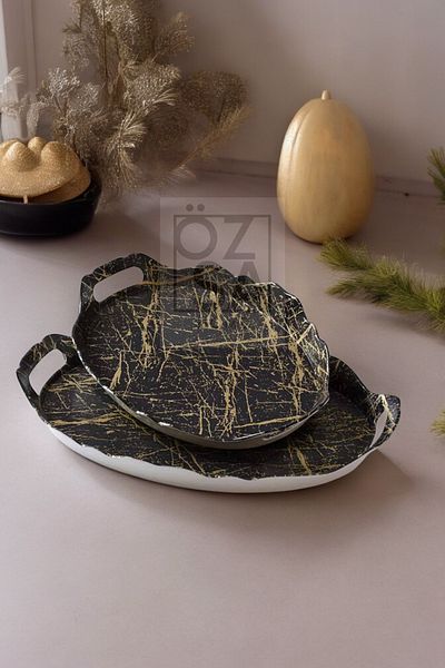 ÖzSa Home Marble Patterned Gold Black Melamine Tray - 2-Piece Handled Tableware and Kitchen Tea Coffee Tray