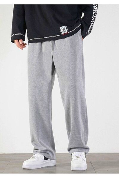 FİTGO بنطال رياضي رمادي موسمي فضفاض بأرجل مستقيمة