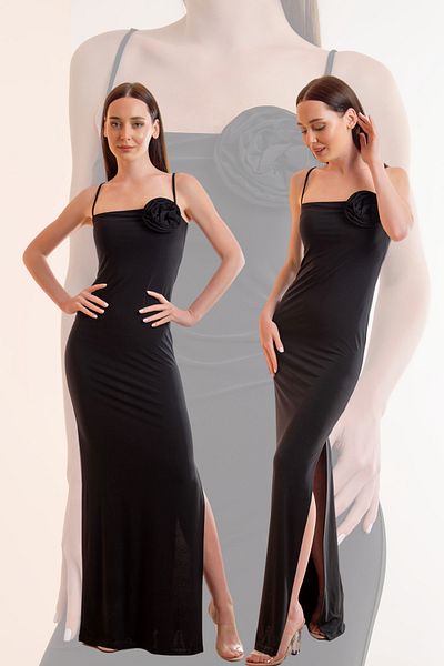 Laranor Strapless Collar and Rose Detailed Slit Graduation and Invitation Evening Dress