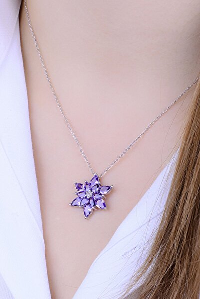 KAR DİAMOND 925 Ayar Gümüş Rodyumlu Damla Ametist Taşlı Kamelya Lotus Çiçeği Kolye - Sertifikalı