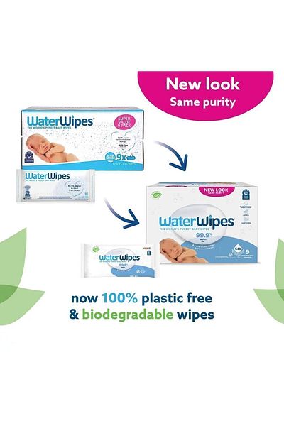 WaterWipes 12 عبوة تحتوي على 720 ورقة مناديل مبللة للأطفال - حساسة، مبكرة، نباتية، حيوية جديدة