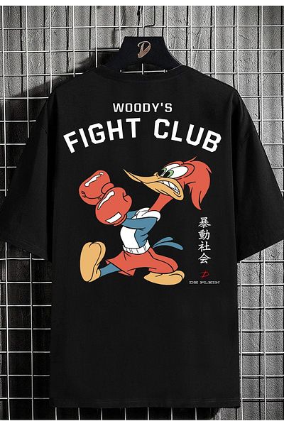 DE PLEIN Tricou oversize negru unisex cu imprimeu Fight Club - 100% bumbac Qara Mare Dimensiune Diametru Qısaqol