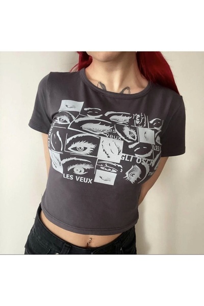 DarkellaStore Y2K Harajuku Angry Eyes Short Sleeve Crop Blouse