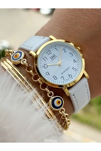 Q&Q Retro Brand Leather Corded Gold Case Women's Wristwatch and Bracelet - Polite with Numerals