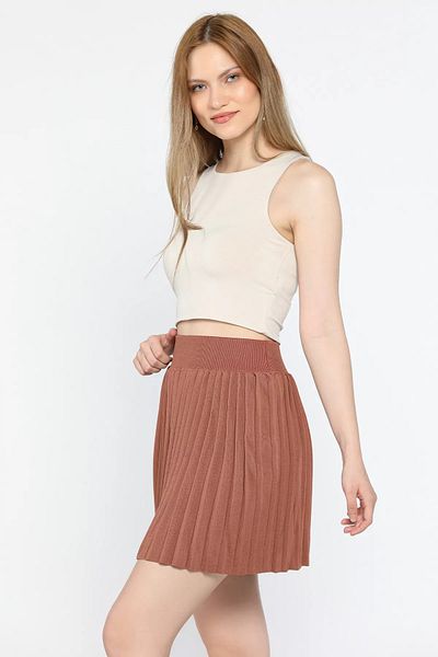 GÜLSELİ Women's Mini Skirt - Brown Color, Elastic Waist and Ruffle
