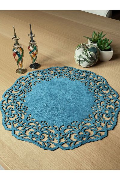 Ergüven Home Blue Suede Fabric Round Charger American Service Set 6 Pieces 35x35cm