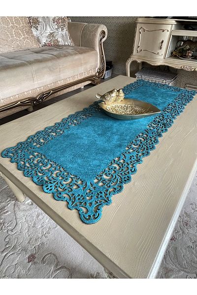 Ergüven Home Blue Suede Fabric Runner 40x100 cm Μήκος Τραπεζάκι Σαλονιού - Ορθογώνιο Μοντέλο