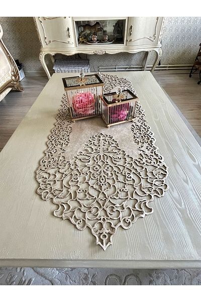 Ergüven Home Μπεζ (σκούρο κρεμ) Suede Ύφασμα Thin Cut Runner Τραπεζάκι σαλονιού Μέγεθος 40x100cm