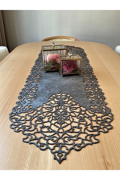 Ergüven Home Dark Gray Suede Fabric Thin Cut Runner Table Size 40x140cm