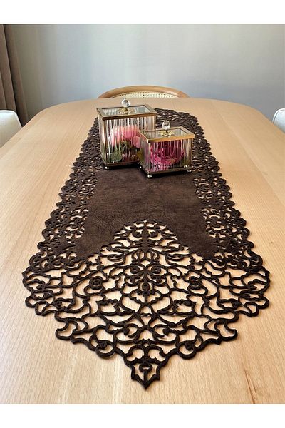 Ergüven Home Тъмнокафяв (венге) велурена пътека за маса, фино изрязана, 40x140 см