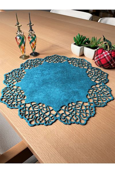 Ergüven Home Set de serviciu american cu plăcuțe rotunde din piele intoarsa albastra 6 bucati 35x35cm