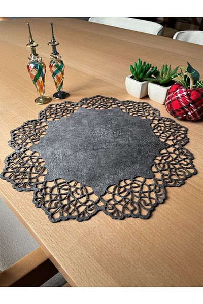 Ergüven Home Dark Gray Suede Fabric Round Placemat American Service Set 6 Pieces 35x35cm