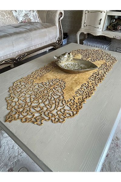Ergüven Home Τραπεζάκι σαλονιού Runner με λεπτή κοπή από μουστάρδα κίτρινο σουέντ ύφασμα Μήκος 40x100cm
