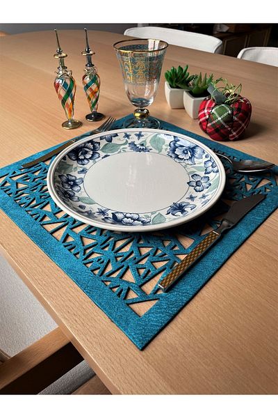 Ergüven Home Set de 6 piele intoarsa albastra patrata 35x35 cm - model triunghi geometric, placa de serviciu american