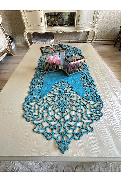 Ergüven Home Masuta de cafea Runner din Tesatura de piele intoarsa albastra Dimensiune 40x100cm
