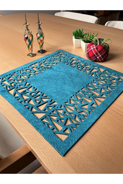 Ergüven Home Set de 6 piele intoarsa albastra patrata 35x35 cm - model triunghi geometric, placa de serviciu american
