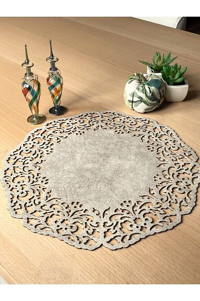 Ergüven Home Μπεζ Σκούρο Κρεμ Suede Ύφασμα - Σετ 6 Στρογγυλών Αμερικάνικης Υπηρεσίας Πλάκα 35x35 cm