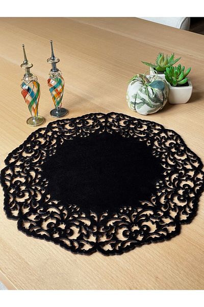 Ergüven Home Black Velvet Fabric Round Charger American Service Set 6 Pieces 35x35cm