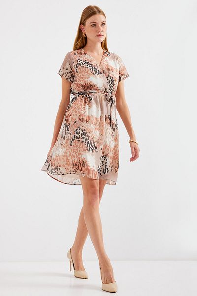 Bigdart 2502 Model Beige Chiffon Dress - Short Sleeve and Patterned