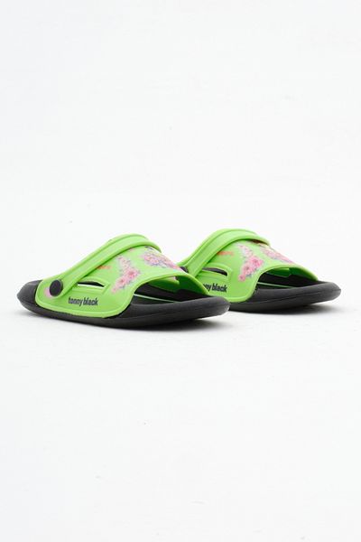 Tonny Black Green Flower Patterned Girl's Slippers - Poly Sole