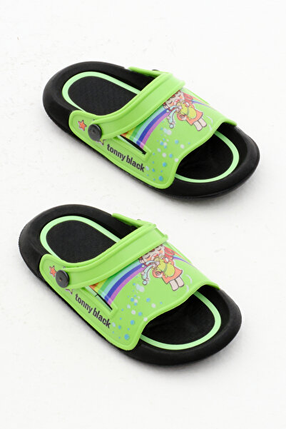 Tonny Black Green Rainbow Patterned Girl's Slippers - Poly Sole