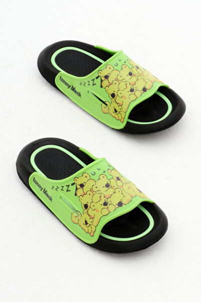 Tonny Black Green Teddy Bear Patterned Unisex Children's Slippers - Poly Sole