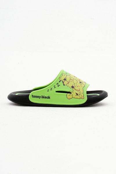 Tonny Black Green Teddy Bear Patterned Unisex Children's Slippers - Poly Sole