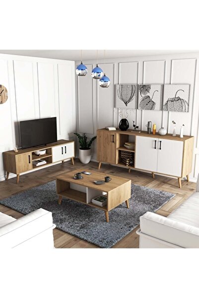 Mezza Set 1584-2074-1624 Exxen (AHŞAP AYAKLI) Tv Ünitesi - Orta Sehpa - Konsol Seti Sepet - Beyaz