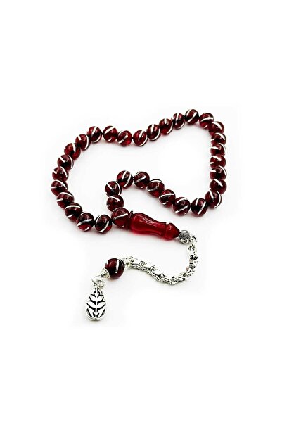 TAŞHAN Gümüş Yarma İşlemeli El İşçiliği Kırmızı Ateş Kehribarı Tesbih