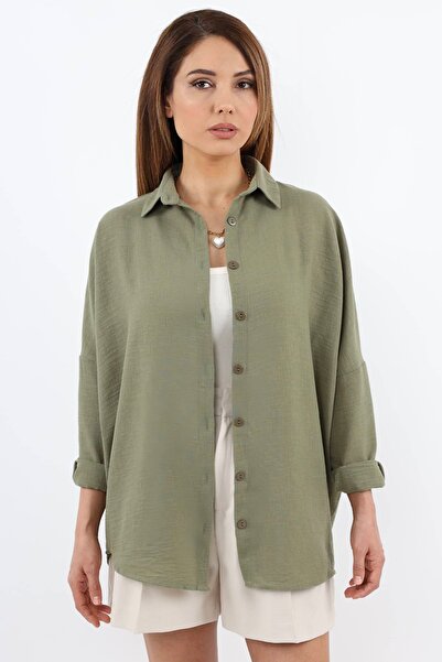 Ritnice Women's Linen Comfy Long Khaki Shirt