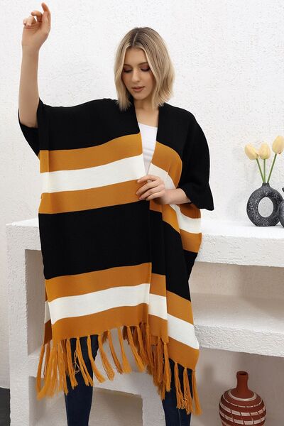ALCHON V-Neck Short Sleeve Skirt with Tassels Color Block Midi Length Knitwear Shawl Look Poncho